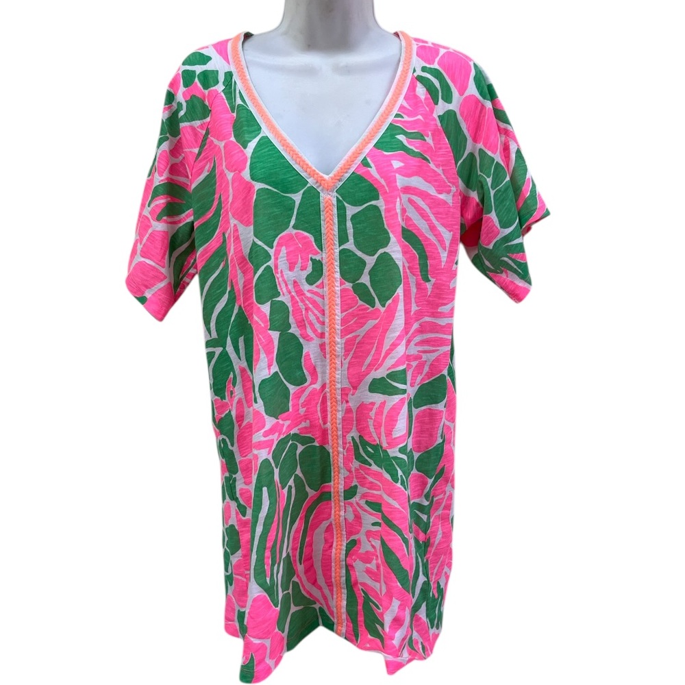 Lilly Pulitzer Bonita Cover Up Dress Tunic V Neck Mini Cotton Pink Green XS - Picture 3 of 10